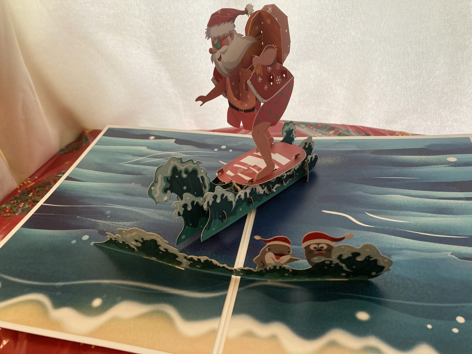 SANTA SURFING CLOSE UP Pop up 3D Santa surfing alternative Christmas card - 1st class delivery in time for Christmas