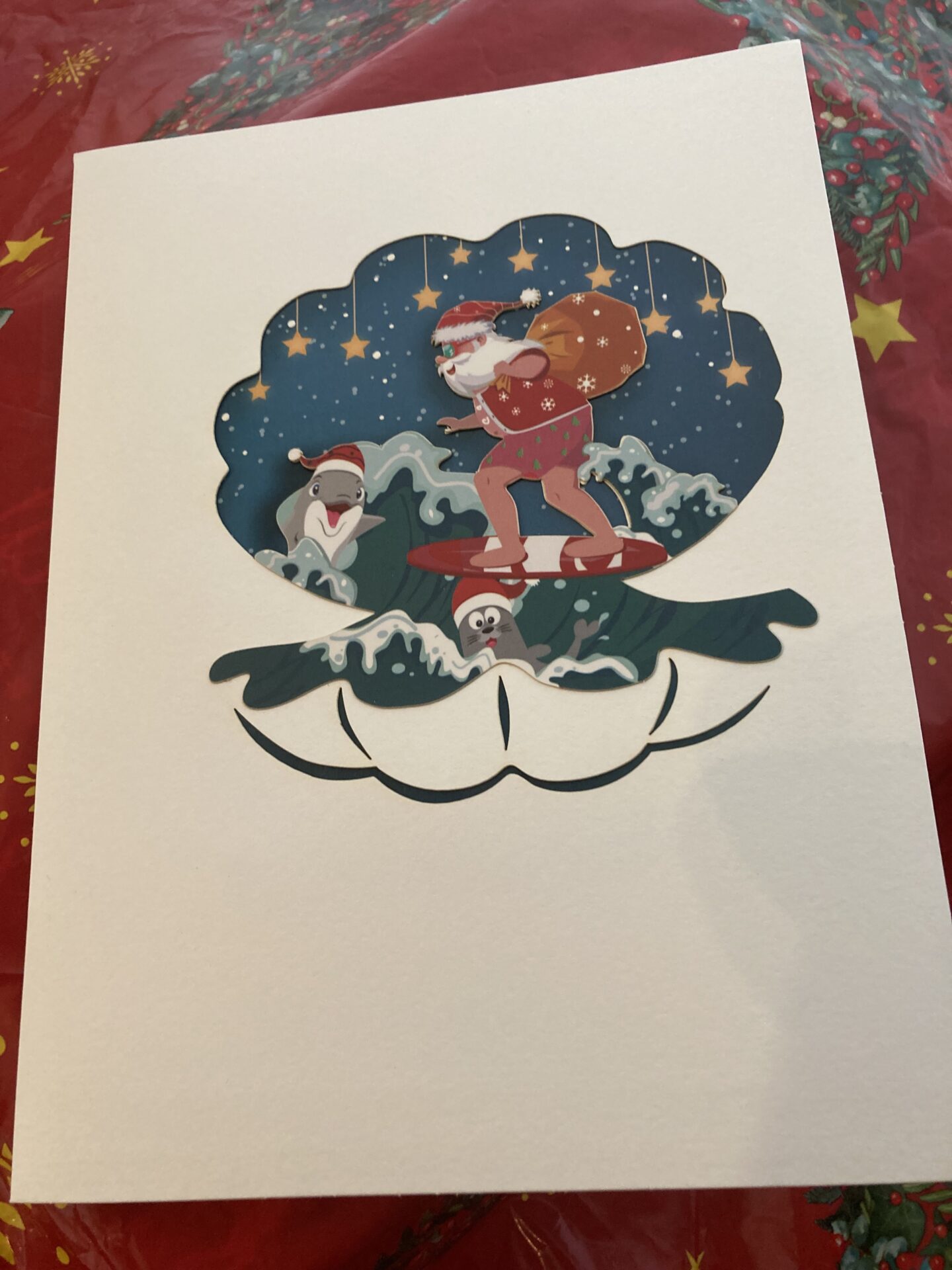 SANTA SURFING FRONT Pop up 3D Santa surfing alternative Christmas card - 1st class delivery in time for Christmas