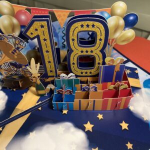 3d pop up Pop up 3D fantastic celebration 18th birthday card Please allow 2-3 days for postage. ABOUT YOUR GREETING CARD Your high quality pop-up greeting card is a multi-layered, 3D fantastic 18th celebration birthday card, suitable for any gender, which will stand out from the crowd. Your greeting card is carved by an automatic laser-cutting machine to ensure every detail is perfect. This eye-catching design will be an instant ‘wow’ when that special person in your life opens it. The price of the card also includes an envelope. Specifications: Material: Paper and card Card size: 20 cm x 15 cm Please let me know when you order, when you require your card by. Thank you. Please note that I used to make cake toppers, hence the name - Countryside Cake Creations. However, due to a life changing illness, I am no longer able to do this, and am now selling these ready made cards on-line, which can be personalised at no extra cost to you. Benefits of this fantastic 3D pop-up card  Price includes postage and packaging within the United Kingdom  A unique card and gift in one A personalised card for your loved one  Suitable for lots of different occasions  Separate card or space on the card to write your special personalised message  Sturdy envelope  Sealed in a resealable transparent water-proof cellophane bag.  Orders sent by Royal Mail’s First Class po