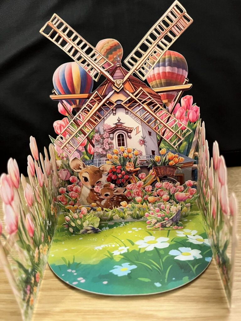 3D pop up doe, fawn, bicycle and windmill card