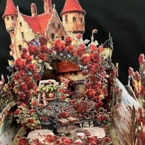 3D POP UP RED ROSES, CASTLE AND LAKE WATERCOLOUR STYLE CARD CLOSE UP
