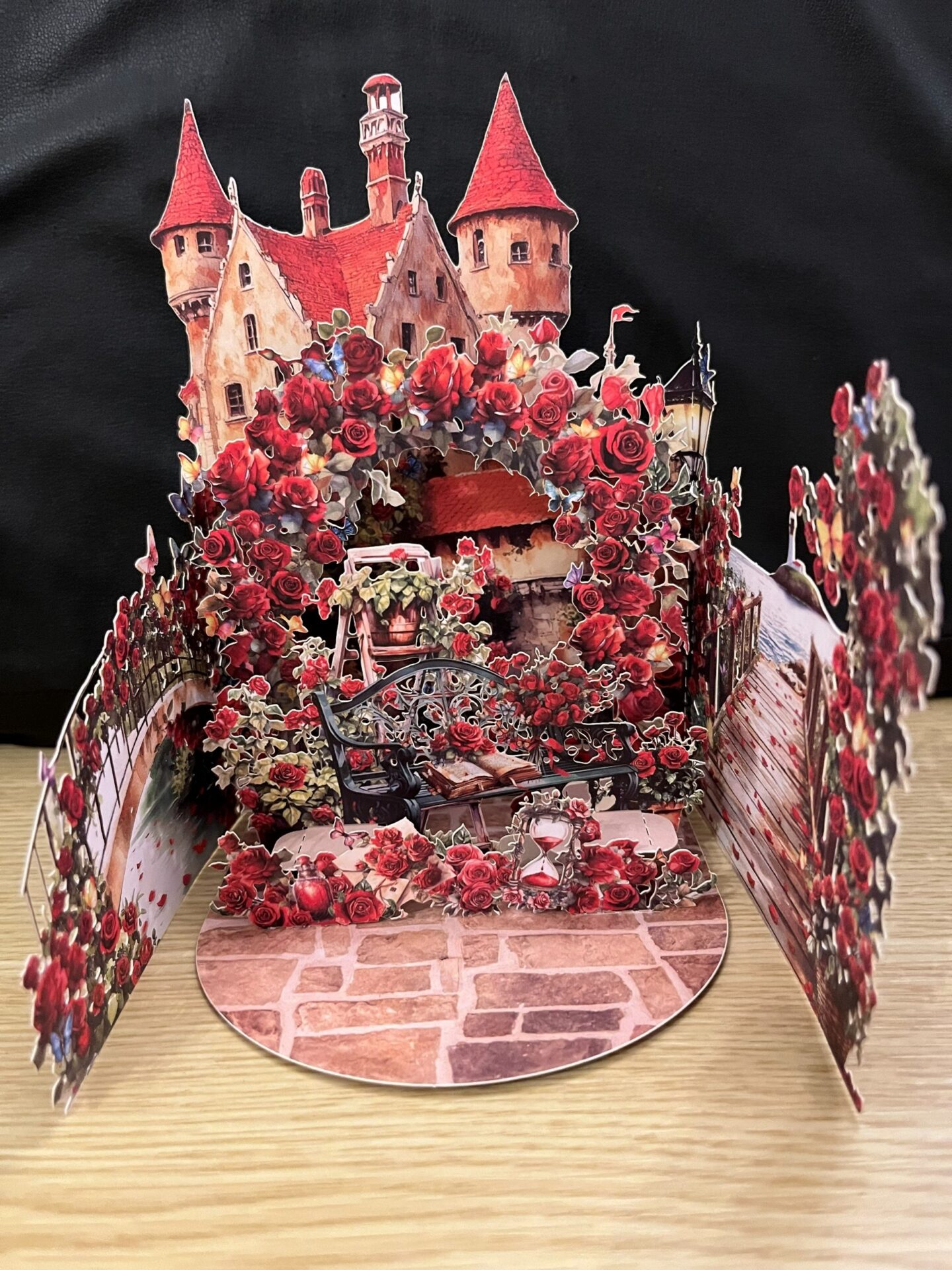3D POP UP RED ROSES, CASTLE AND LAKE WATERCOLOUR STYLE CARD 3D POP UP RED ROSES, CASTLE AND LAKE WATERCOLOUR STYLE CARD