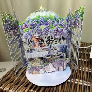 3d pop up purple afternoon tea scene with cute kittens card